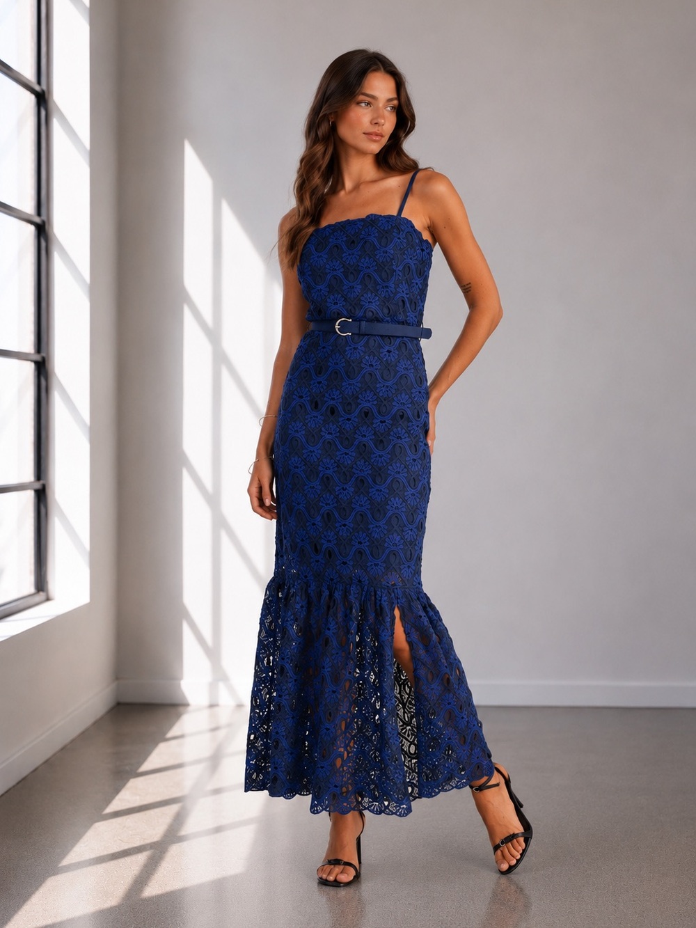 Blue Lace Midi Dress with Belt Size Large NWOT